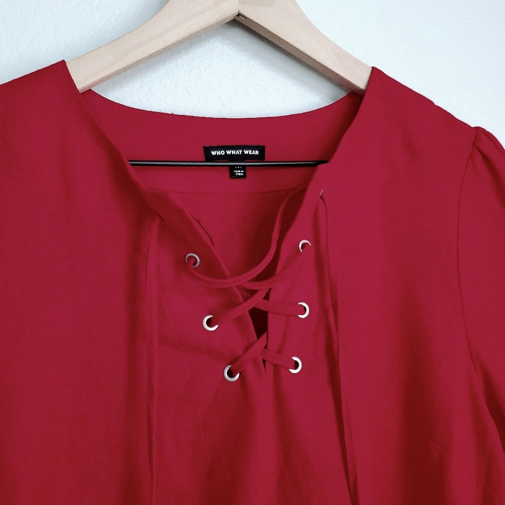 Who What Wear Linen Blend Red Balloon Puff Sleeves Dress, Medium - Picture 3 of 13